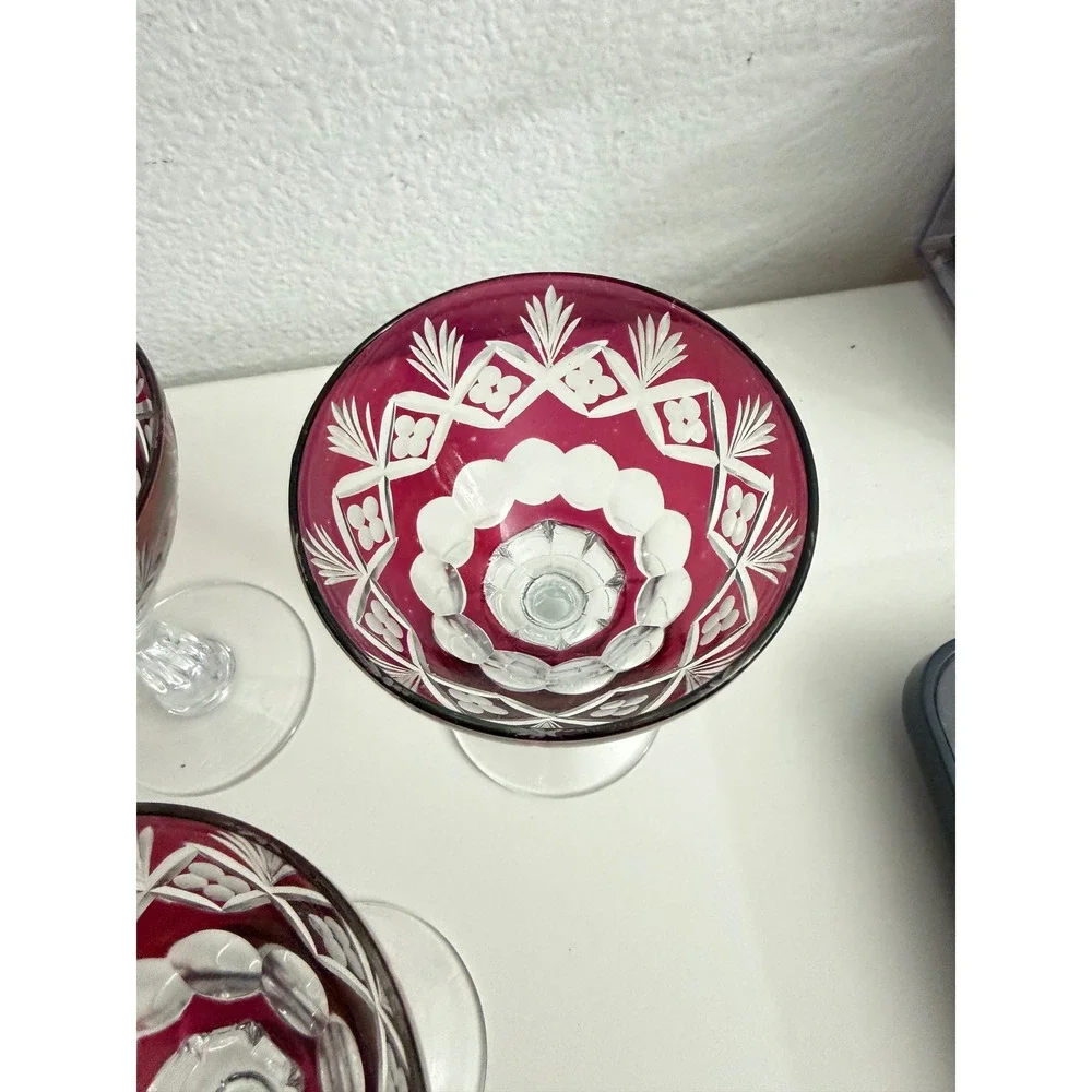 Vintage Cranberry Cut to Clear Crystal Cordial Glasses Set of 5 Ruby Red Floral